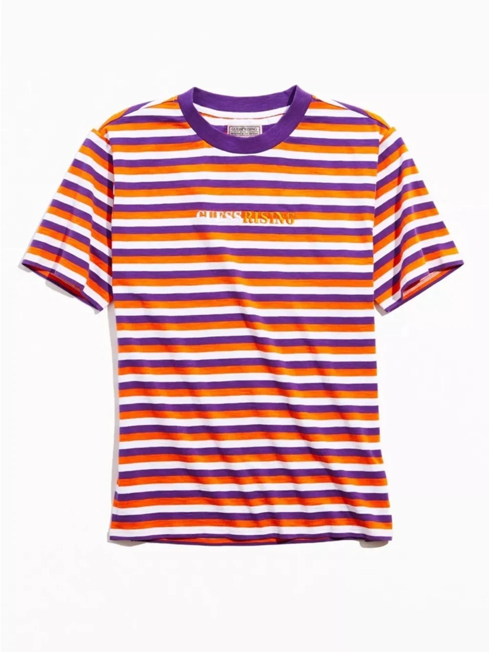 New GUESS ORIGINALS Purple Orange White Striped Short Sleeve Tee SZ L - Picture 1 of 9